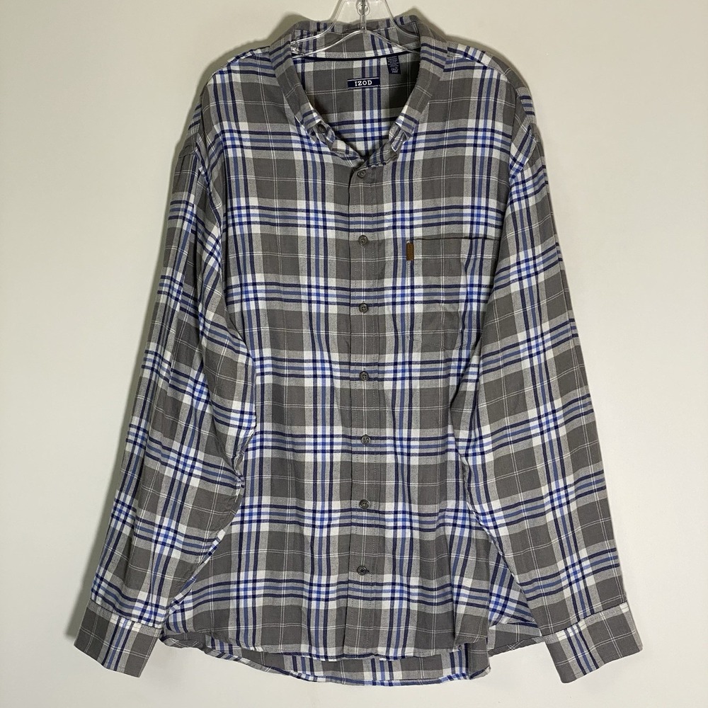 Izod‎ Shirt Mens 2XL Gray Blue Plaid Button Down Casual Cotton Pocket Classic